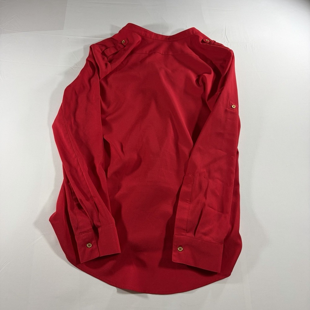 Calvin Klein Women's XS Red Utility Blouse Gold Zip Pocket Button Shirt Roll Tab - Picture 8 of 8